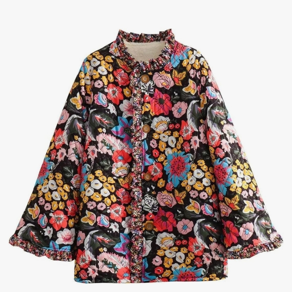 Womens Lightweight Floral Printed Puffer Jacket Button Down Padded Quilted Coat